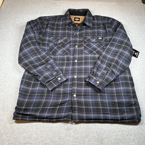 Dickies Navy Checkered Flannel Jacket Mens XL Sherpa Lined Snap Buttons‎ - Picture 1 of 12